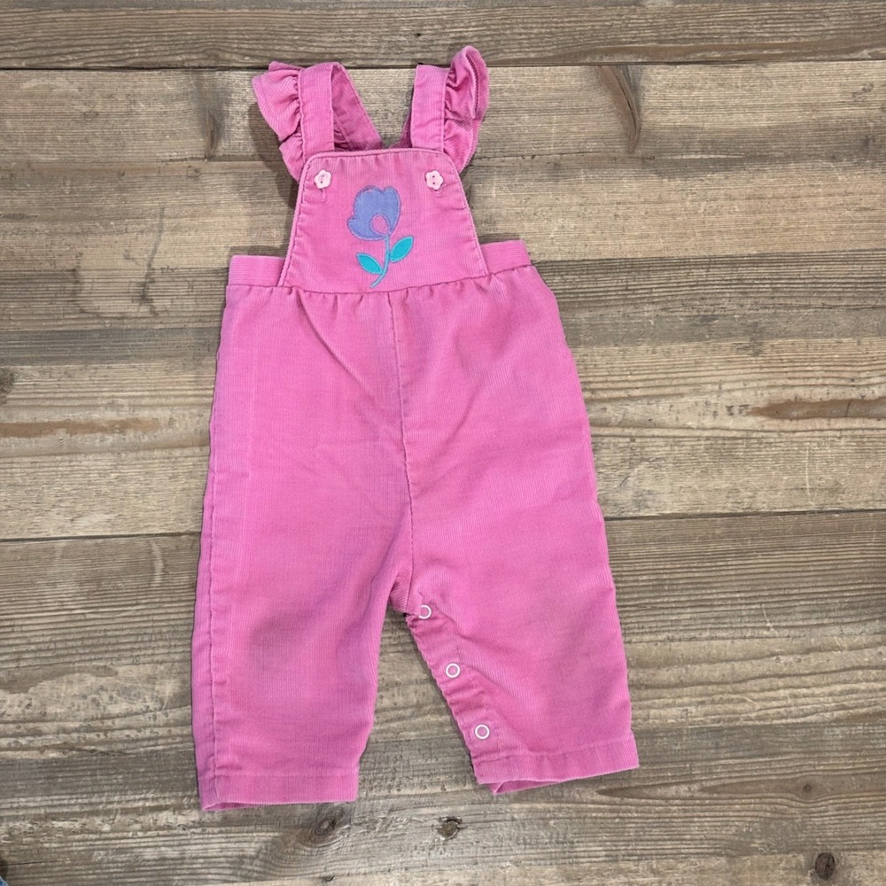 Vintage Health-tex Pink Corduroy Overalls Flower Ruffle Baby 6 Month Made in USA